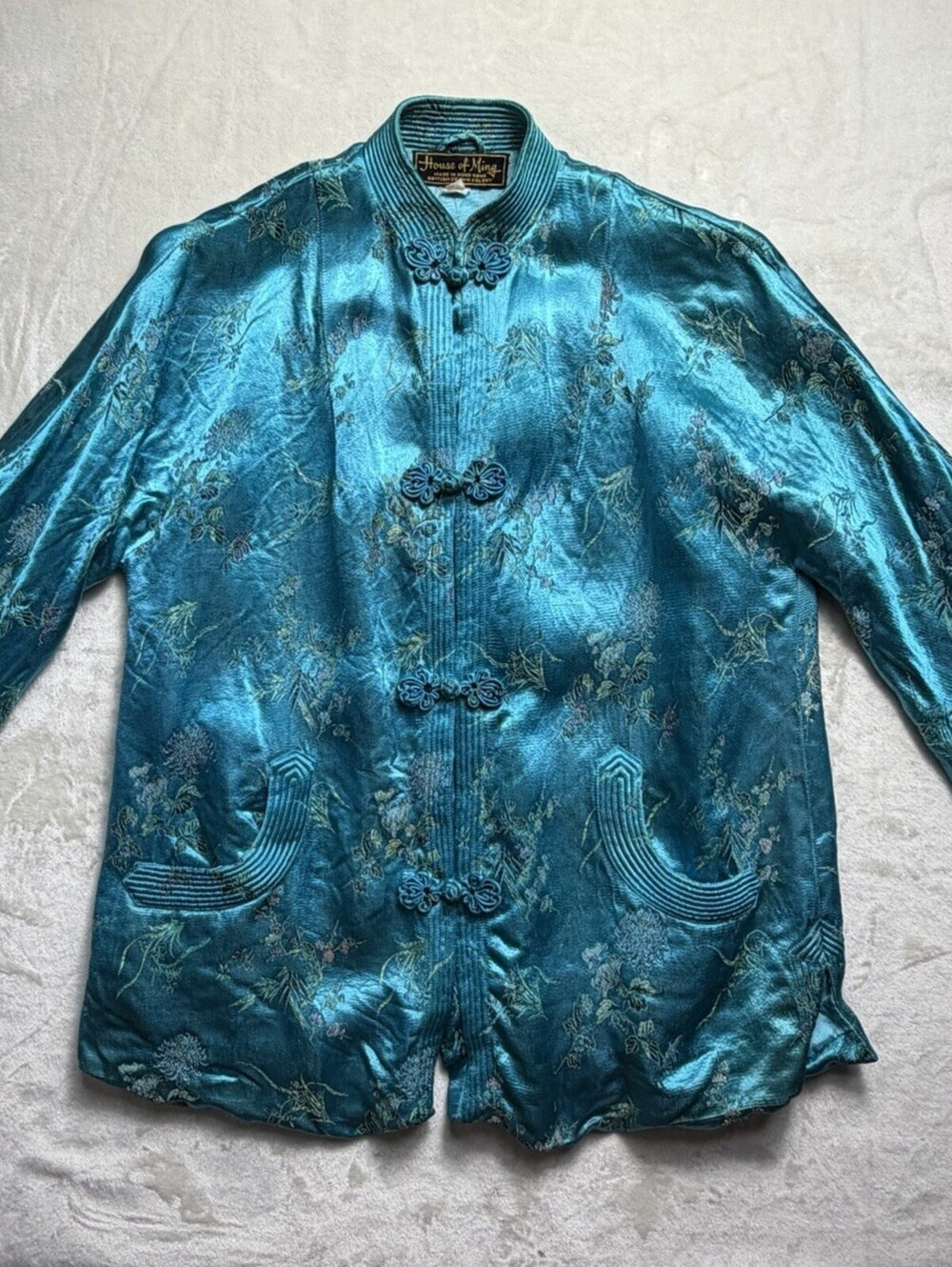 Vintage House of Ming Rayon Brocade Cheongsam Tang Jacket Turquoise S Hong Kong